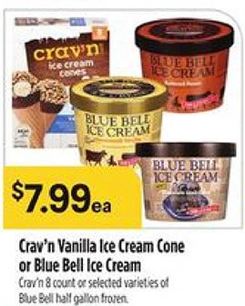 Crav'n Vanilla Ice Cream Cone or Blue Bell Ice Cream