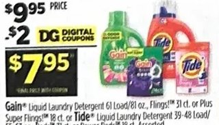 Gain Liquid Laundry Detergent or Tide Liquid Laundry Detergent