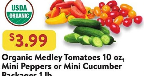 Organic Medley Tomatoes 10 oz, Mini Peppers or Mini Cucumber Packages 1 lb