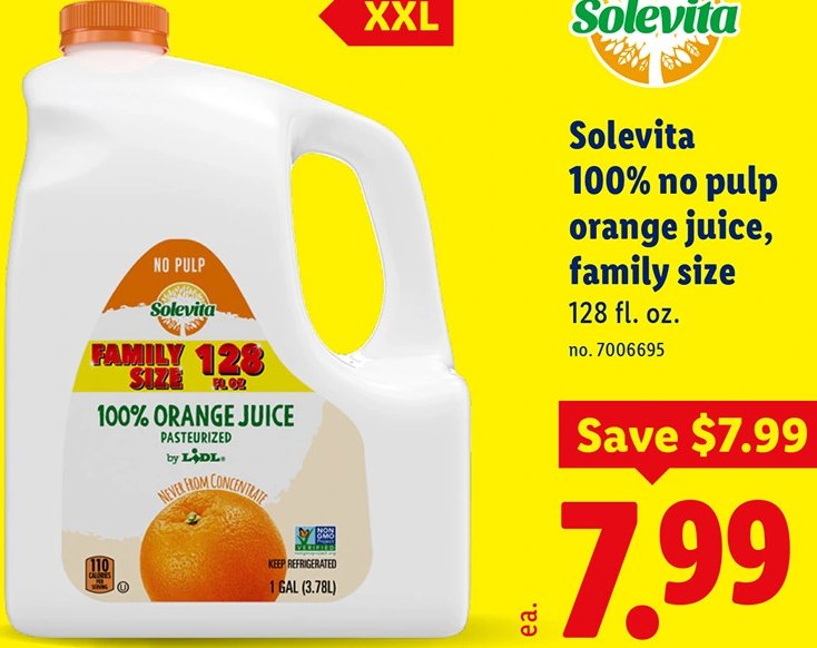 Solevita 100% no pulp orange juice, family size