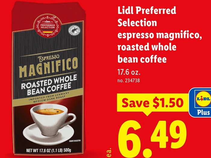 Lidl Preferred Selection espresso magnifico, roasted whole bean coffee