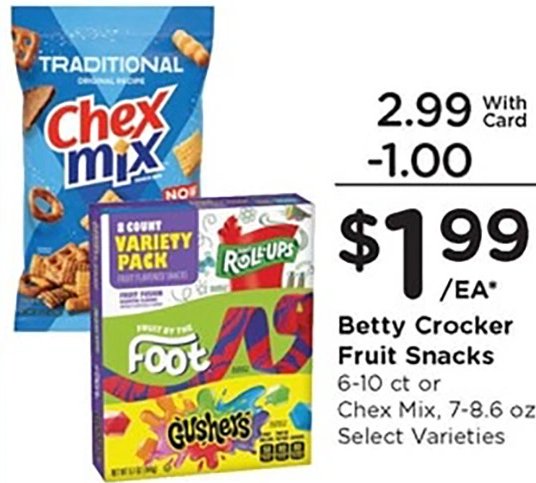 Betty Crocker Fruit Snacks, Chex Mix