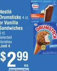 Nestlé Drumsticks or Vanilla Sandwiches