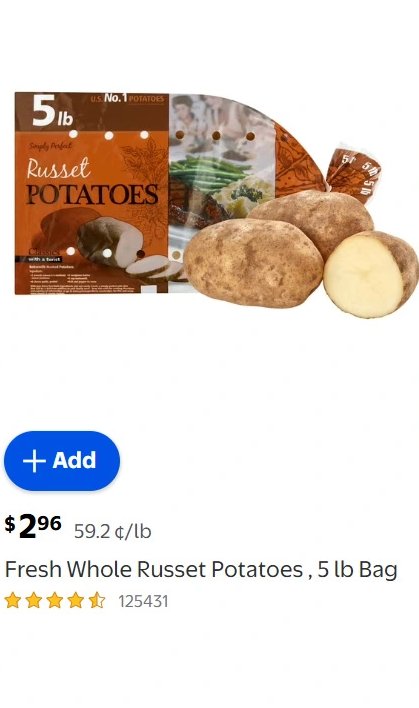 Fresh Whole Russet Potatoes, 5 lb Bag