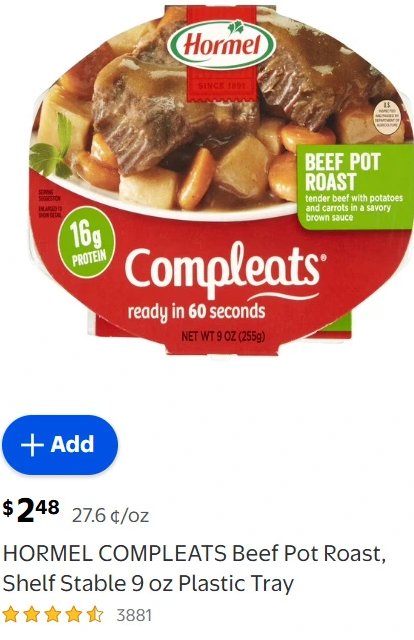 HORMEL COMPLEATS Beef Pot Roast, Shelf Stable 9 oz Plastic Tray