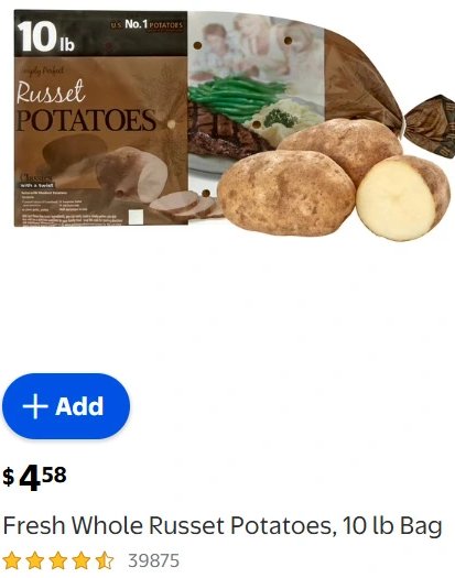 Fresh Whole Russet Potatoes, 10 lb Bag