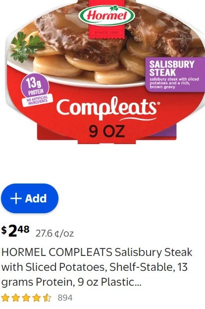 HORMEL COMPLEATS Salisbury Steak with Sliced Potatoes, Shelf-Stable, 13 grams Protein, 9 oz Plastic...