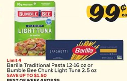 Barilla Traditional Pasta or Bumble Bee Chunk Light Tuna