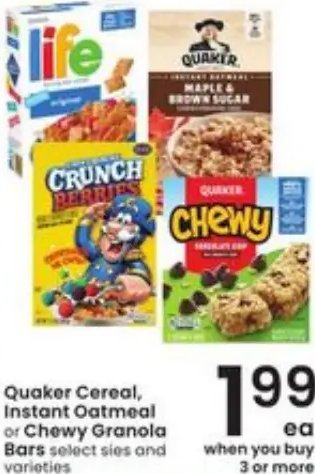 Quaker Cereal, Instant Oatmeal or Chewy Granola Bars