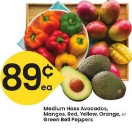 Medium Hass Avocados, Mangos, Red, Yellow, Orange, or Green Bell Peppers