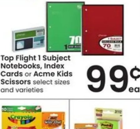 Top Flight 1 Subject Notebooks, Index Cards or Acme Kids Scissors