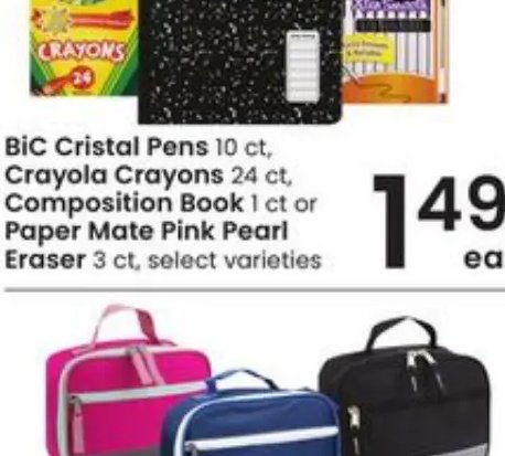 BIC Cristal Pens, Crayola Crayons, Composition Book or Paper Mate Pink Pearl Eraser