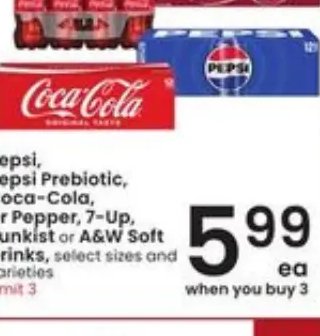 Pepsi, Pepsi Prebiotic, Coca-Cola, Dr Pepper, 7-Up, Sunkist or A&W Soft Drinks