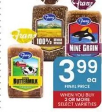 Franz 100% Whole Wheat or Nine Grain Bread