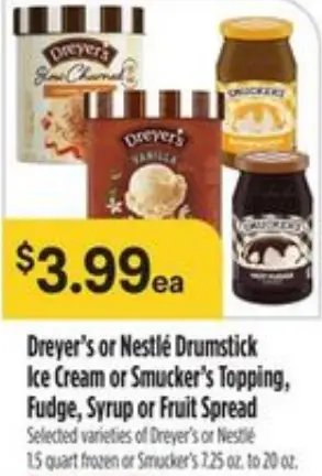 Dreyer's or Nestlé Drumstick Ice Cream or Smucker's Topping, Fudge, Syrup or Fruit Spread