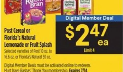 Post Cereal or Florida's Natural Lemonade or Fruit Splash