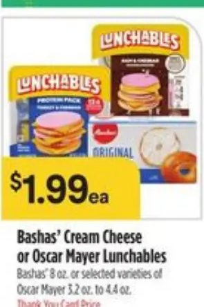Bashas' Cream Cheese or Oscar Mayer Lunchables