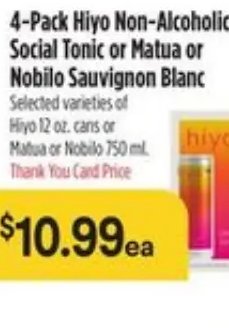4-Pack Hiyo Non-Alcoholic Social Tonic or Matua or Nobilio Sauvignon Blanc