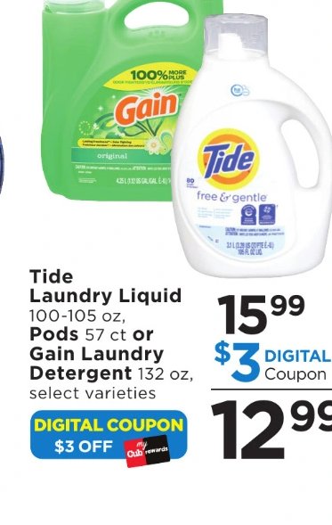 Tide Laundry Liquid, Pods or Gain Laundry Detergent