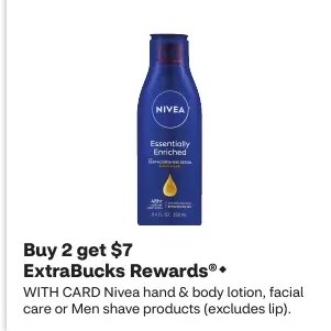 Nivea hand & body lotion, facial care or Men shave products (excludes lip).