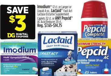 Imodium® 12 ct. or Larger or Liquid 4 oz., Lactaid® Fast Act Caplets 32 ct. or ANY Pepcid® AC