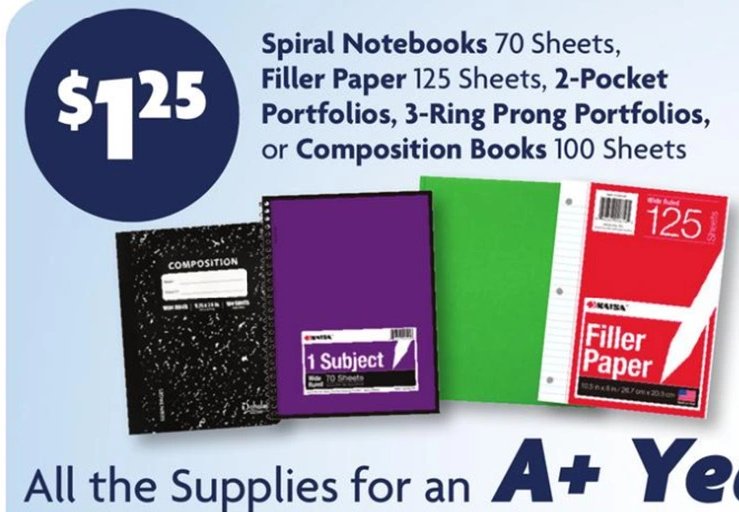 Spiral Notebooks, Filler Paper, 2-Pocket Portfolios, 3-Ring Prong Portfolios, or Composition Books