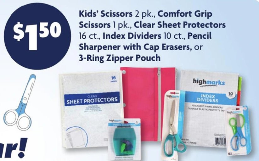 Kids' Scissors, Comfort Grip Scissors, Clear Sheet Protectors, Index Dividers, Pencil Sharpener with Cap Erasers, or 3-Ring Zipper Pouch
