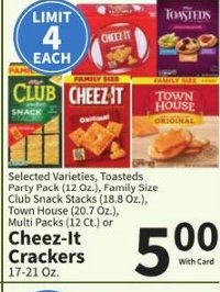 Selected Varieties, Toasted Party Size (14.1 Oz.), Family Size Club Snack-Sized (18.8 Oz.), Town House (20.7 Oz.), Multi Packs (12 Ct.) or Cheez-It Crackers