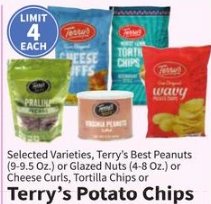Selected Varieties, Terry's Best Peanuts or Glazed Nuts or Cheese Curis, Tortilla Chips or Terry's Potato Chips
