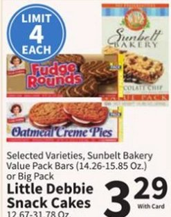 Selected Varieties, Sunbelt Bakery Value Pack Bars (14.26-15.85 Oz.) or Big Pack Little Debbie Snack Cakes (12.67-31.78 Oz.)