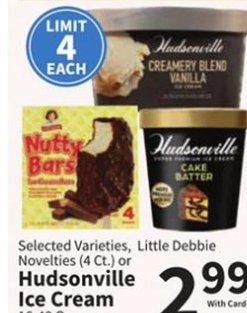 Selected Varieties, Little Debbie Novelties (4 Ct.) or Hudsonville Ice Cream (16-48 Oz.)