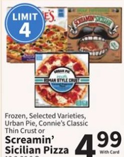 Frozen, Selected Varieties, Urban Pie, Connie's Classic Thin Crust or Screamin' Sicilian Pizza (13.3-26.9 Oz.)