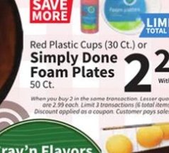 Red Plastic Cups (30 Ct.) or Simply Done Foam Plates (50 Ct.)