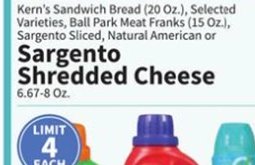 Kern's Sandwich Bread (20 Oz.), Varieties, Ball Park Meat Franks (15 Oz.), Sargento Sliced, Natural American or Sargento Shredded Cheese