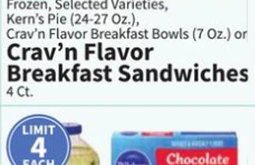Frozen, Selected Varieties, Kern's Pie (24-27 Oz.), Crav'n Flavor Breakfast Bowls (7 Oz.) or Crav'n Flavor Breakfast Sandwiches