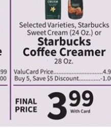 Selected Varieties, Starbucks Sweet Cream (24 Oz.) or Starbucks Coffee Creamer