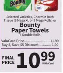 Selected Varieties, Charmin Bath Tissue (6 Mega XL or 9 Mega Rolls) or Bounty Paper Towels