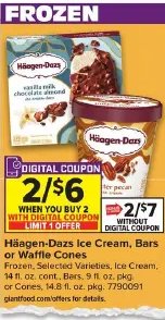 Häagen-Dazs Ice Cream, Bars or Waffle Cones