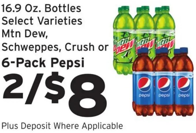 Mtn Dew, Schweppes, Crush or 6-Pack Pepsi