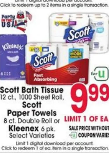 Scott Bath Tissue, Scott Paper Towels or Kleenex