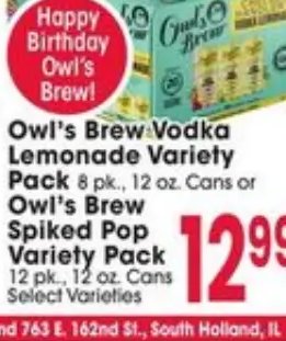 Owl's Brew Vodka Lemonade Variety Pack or Spiked Pop Variety Pack