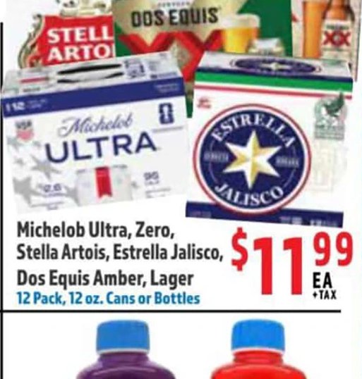 Michelob Ultra, Zero, Stella Artois, Estrella Jalisco, Dos Equis Amber, Lager