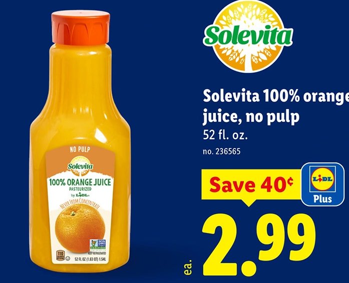 Solevita 100% orange juice, no pulp