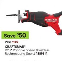 CRAFTSMAN® V20® Variable Speed Brushless Reciprocating Saw