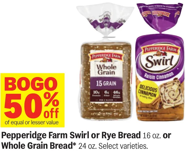 Pepperidge Farm Swirl or Rye Bread or Whole Grain Bread