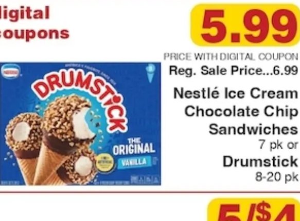 Nestlé Ice Cream Chocolate Chip Sandwiches or Drumstick