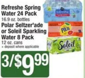 Refreshe Spring Water 24 Pack / Polar Seltzer'ade or Soleil Sparkling Water 8 Pack