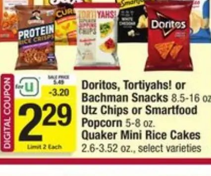 Doritos, Tortiyahs! or Bachman Snacks / Utz Chips or Smartfood Popcorn / Quaker Mini Rice Cakes