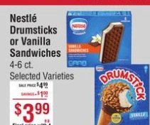 Nestlé Drumsticks or Vanilla Sandwiches