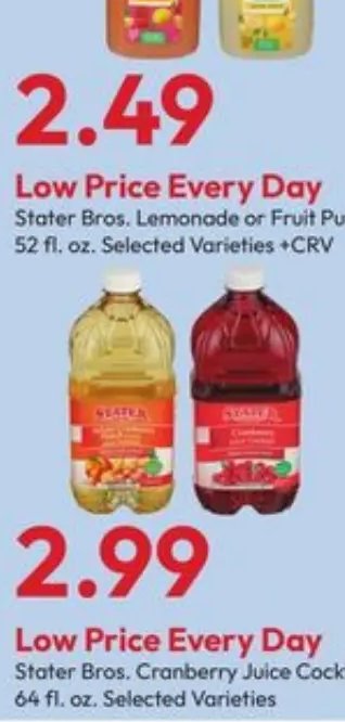 Stater Bros. Lemonade or Fruit Punch